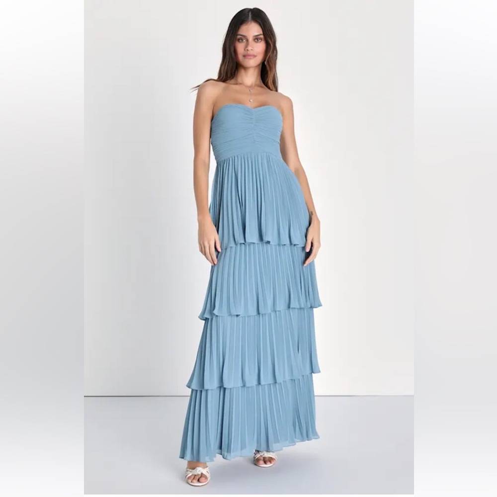 Lulus Seriously Sensational Light Blue Strapless Tiered Maxi Dress, Size Small